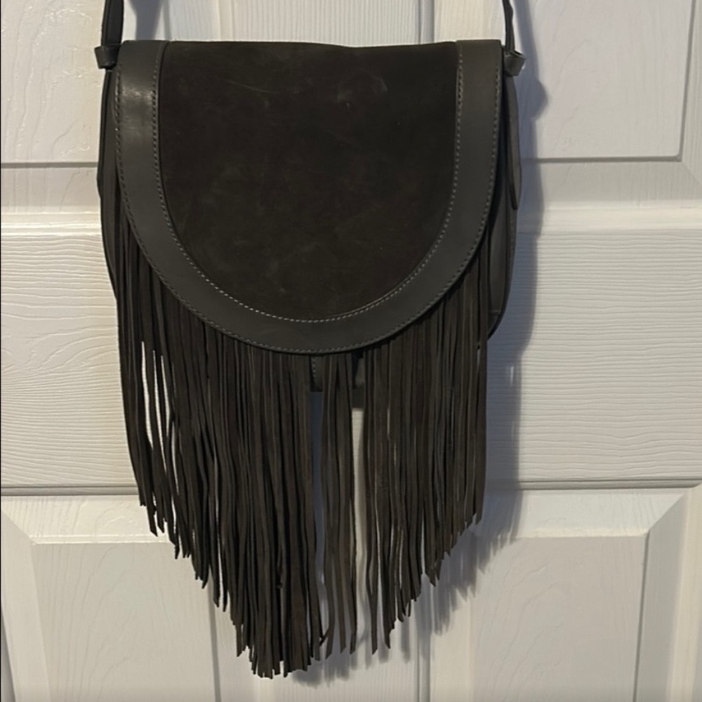 Frye Leather Grey/Rich chocolate Crossbody with Fringe.
